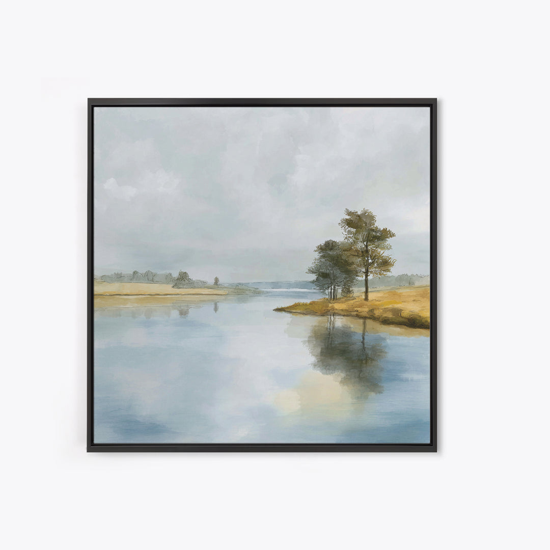 Serene Lake with Pale Morning Reflection Framed Canvas Print, Master Bedroom, Bedroom Wall Art, Bedroom Decor, Oil Painting, MAS-1x1-7