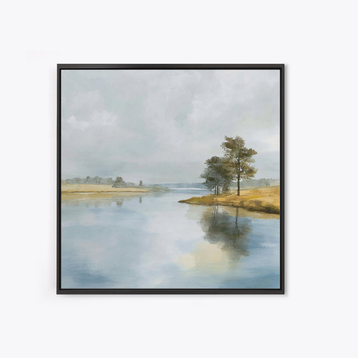 Serene Lake with Pale Morning Reflection Framed Canvas Print, Master Bedroom, Bedroom Wall Art, Bedroom Decor, Oil Painting, MAS-1x1-7