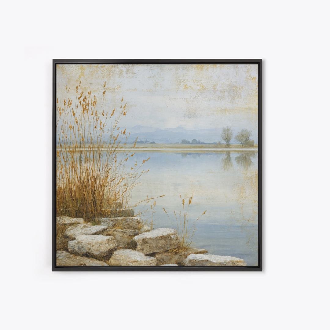 Serene Lake with Pale Morning Reflection Framed Canvas Print, Master Bedroom, Boho Decor, Bedroom Decor, Fine Art, Sanctuary, MAS-1x1-79