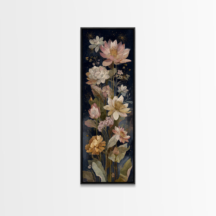 Night Garden with Pale Flowers and Stars Canvas Print, Master Bedroom, Minimalist Wall Art, Bedroom Decor, Fine Art, Sanctuary, MAS-1x3-11