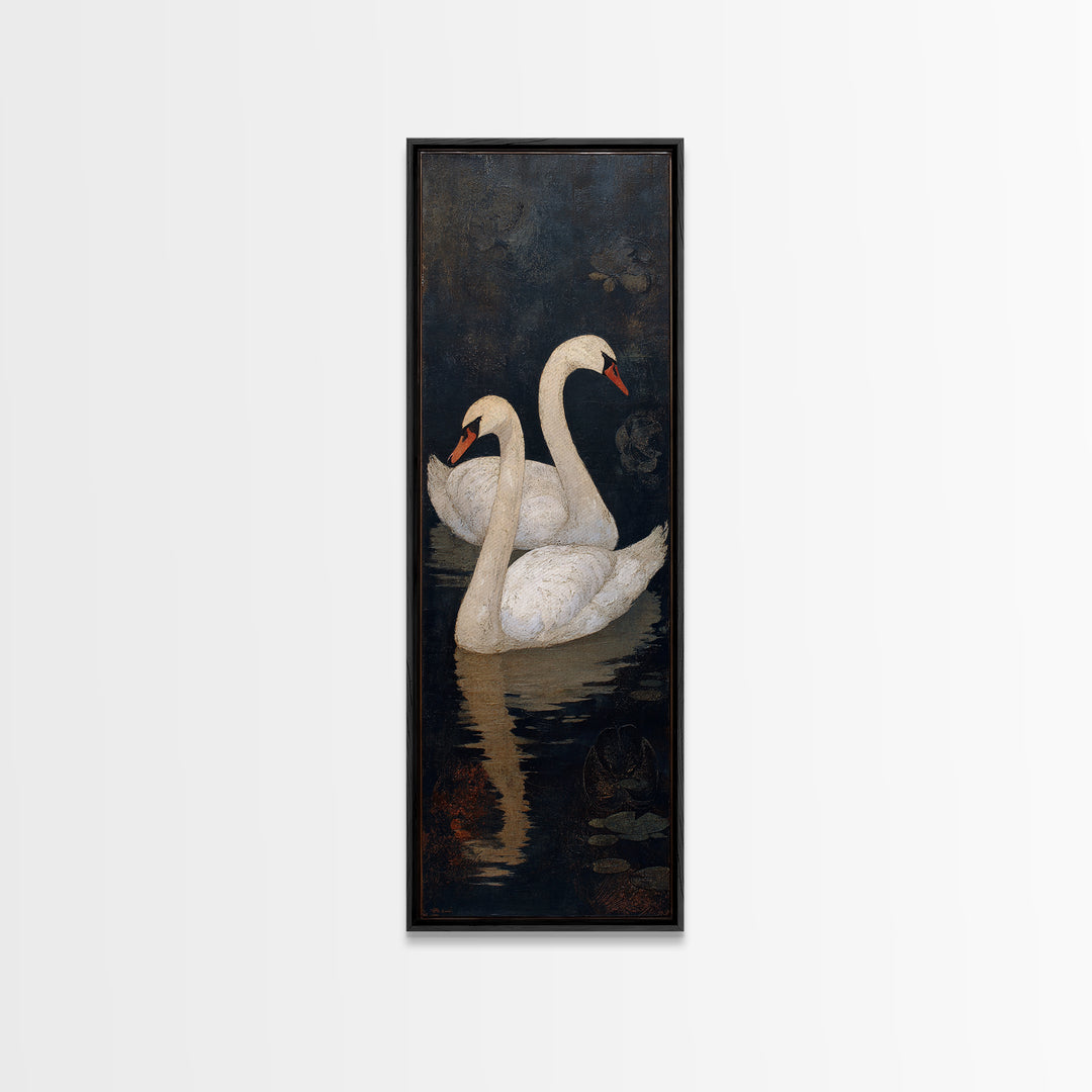 Romantic Swan Pair on Dark Water Framed Canvas Print, Master Bedroom, Wall Decal, Bedroom Decor, Watercolor Art, Sanctuary, MAS-1x3-3
