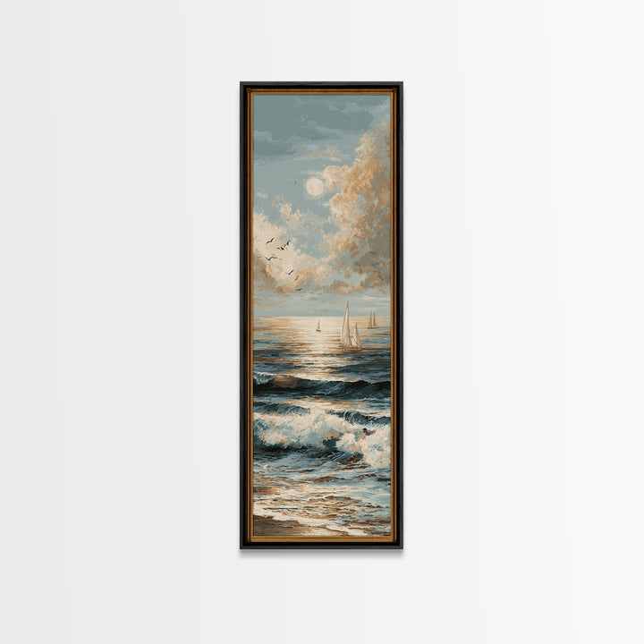 Elegant Moonlit Ocean Horizon Canvas Print, Master Bedroom, Minimalist Decor, Bedroom Decor, Oil Painting, Sanctuary, MAS-1x3-37