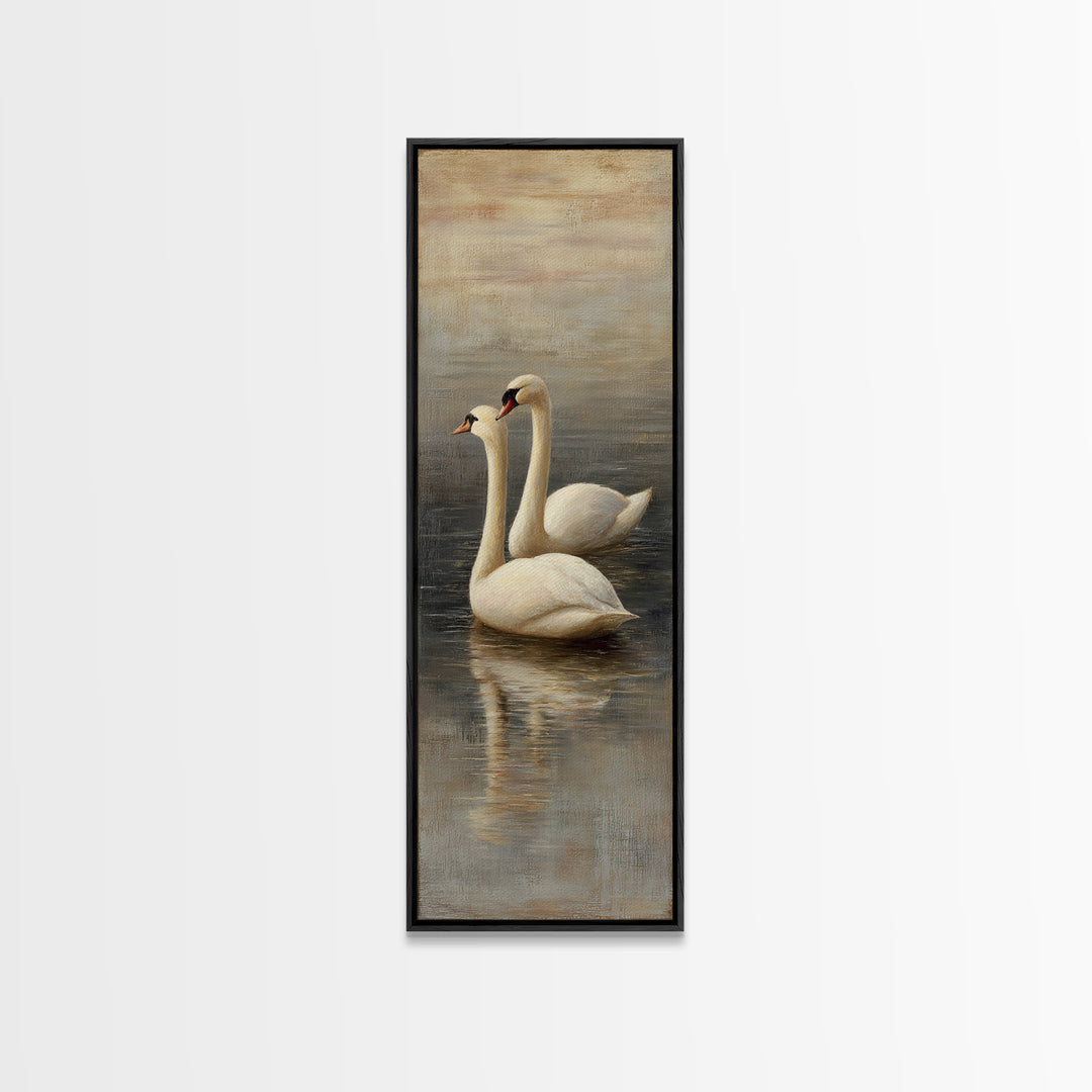 Romantic Swan Pair on Dark Water Framed Canvas Print, Master Bedroom, Neutral Decor, Bedroom Decor, Fine Art, Sanctuary, MAS-1x3-75
