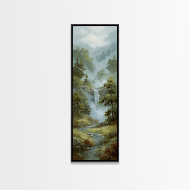 Peaceful Waterfall in Misty Green Forest Canvas Print, Master Bedroom, Above Bed Wall Decor, Bedroom Decor, Sanctuary, MAS-1x3-79