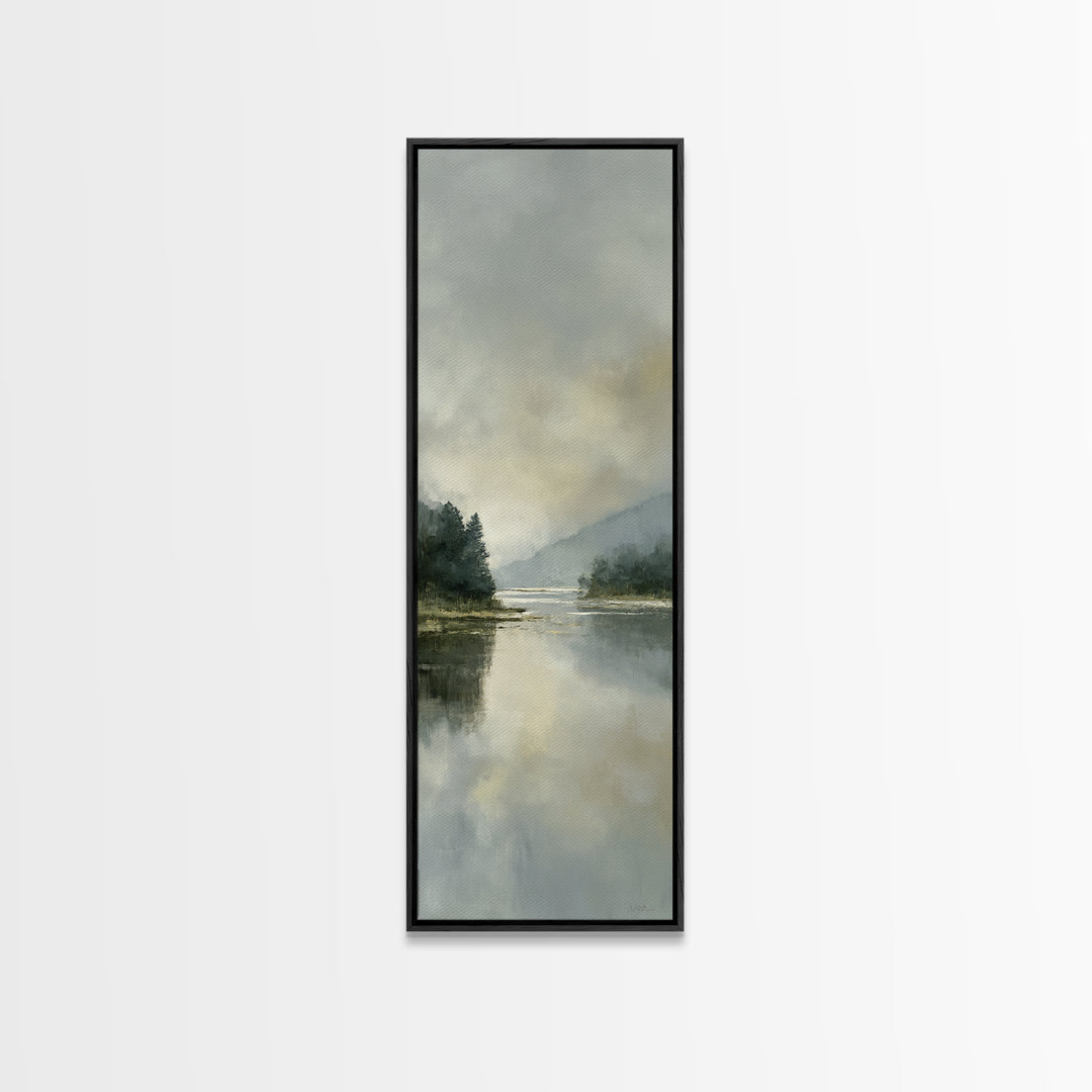 Serene Lake with Pale Morning Reflection Framed Canvas Print, Master Bedroom, Boho Decor, Bedroom Decor, Fine Art, Sanctuary, MAS-1x3-91