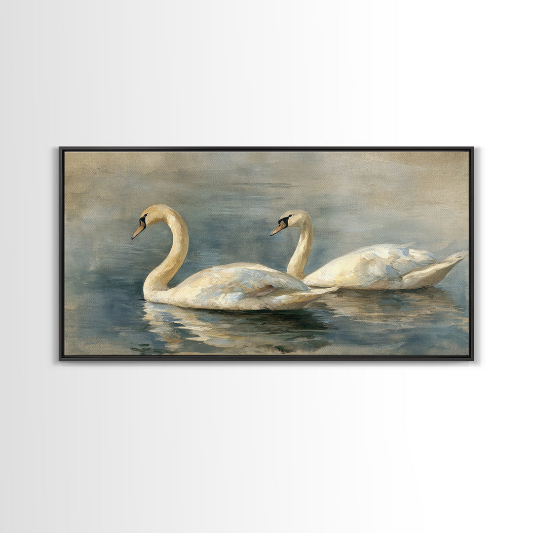 Romantic Swan Pair on Dark Water Framed Canvas Print, Master Bedroom, Living Room Prints, Bedroom Decor, Fine Art, Sanctuary, MAS-2x1-11