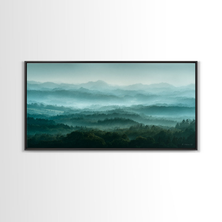 Calm Misty Forest Panorama Framed Canvas Print, Master Bedroom, Minimalist Decor, Bedroom Decor, Oil Painting, Sanctuary, MAS-2x1-24