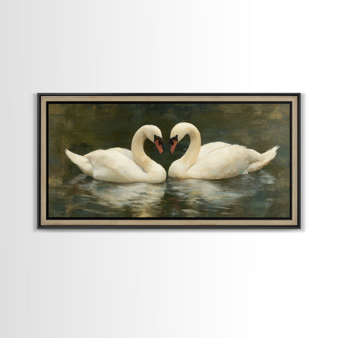 Romantic Swan Pair on Dark Water Framed Canvas Print, Master Bedroom, Wall Art, Bedroom Decor, Oil Painting, Sanctuary, MAS-2x1-35