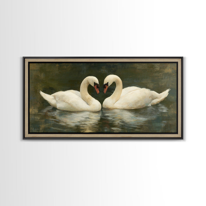 Romantic Swan Pair on Dark Water Framed Canvas Print, Master Bedroom, Wall Art, Bedroom Decor, Oil Painting, Sanctuary, MAS-2x1-35
