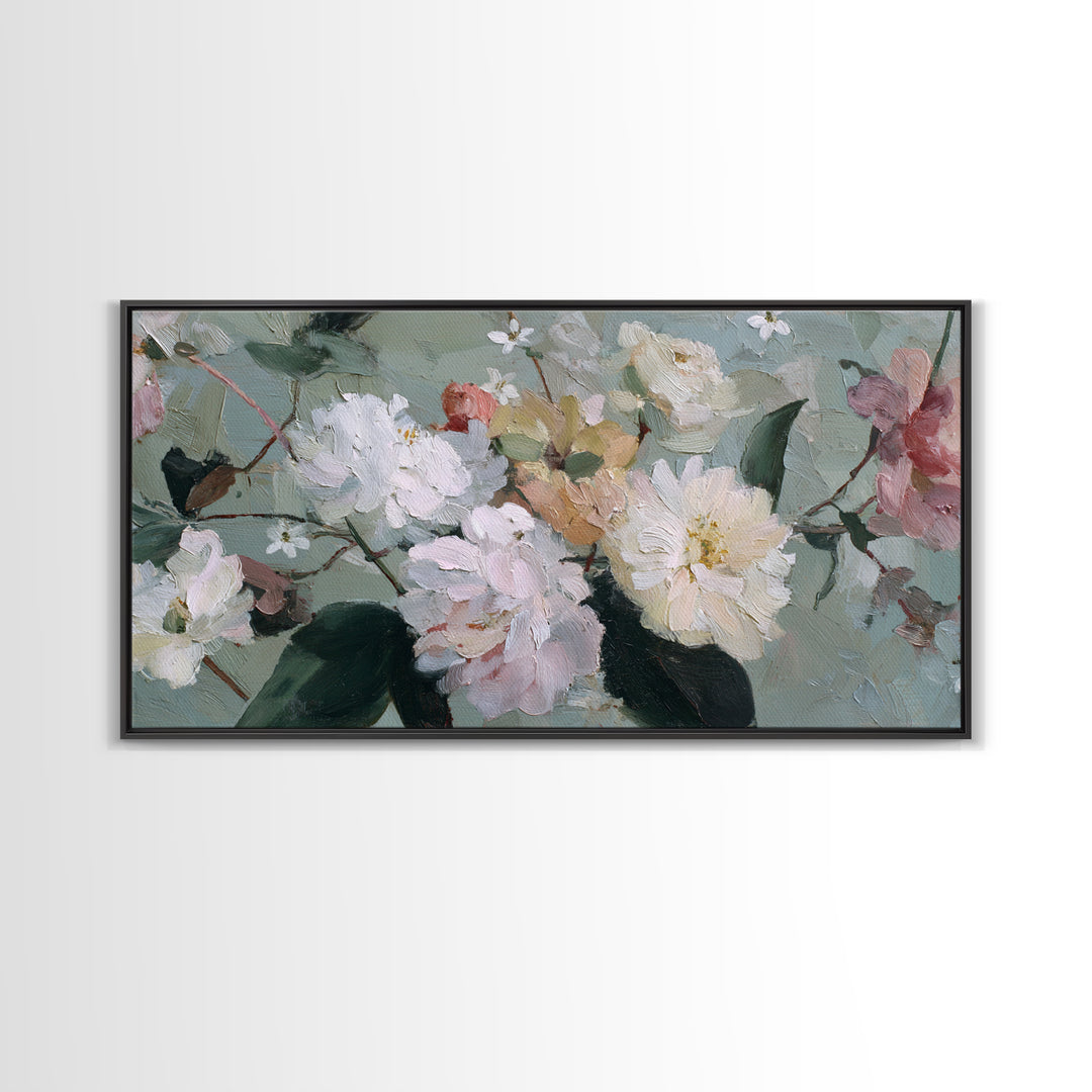 Night Garden with Pale Flowers and Stars Framed Canvas Print, Master Bedroom, Bedroom Decor, Oil Painting, Sanctuary, MAS-2x1-43