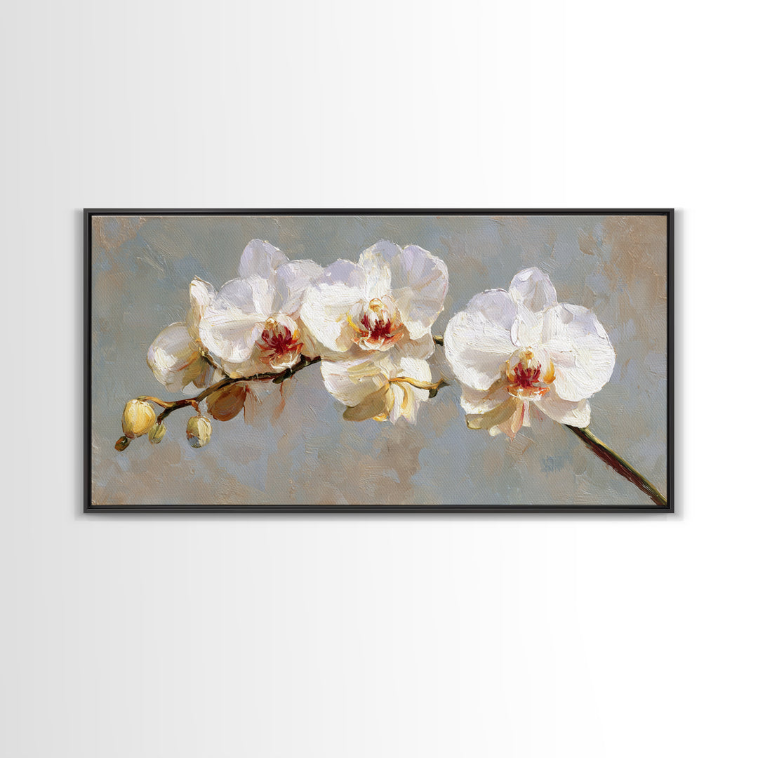 White Orchids Against Warm Gray Background Canvas Print, Master Bedroom, Farmhouse Wall Decor, Bedroom Decor, Oil Painting, MAS-2x1-53