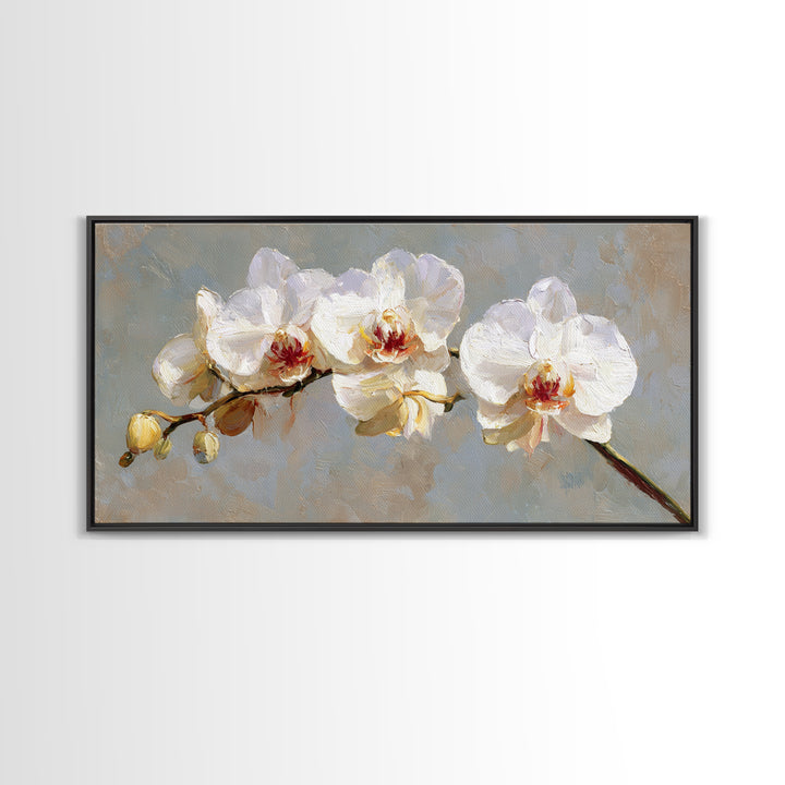 White Orchids Against Warm Gray Background Canvas Print, Master Bedroom, Farmhouse Wall Decor, Bedroom Decor, Oil Painting, MAS-2x1-53