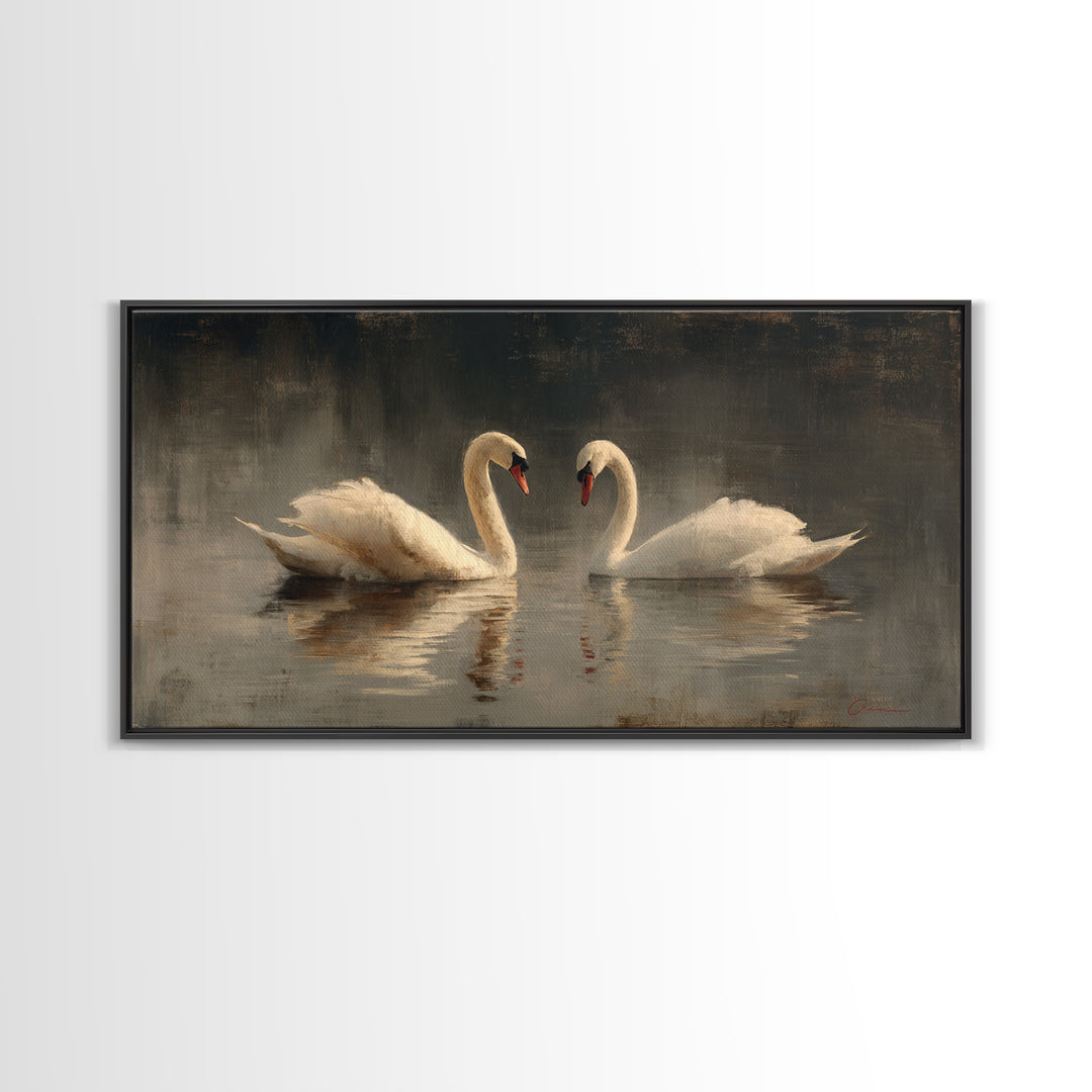Romantic Swan Pair on Dark Water Framed Canvas Print, Master Bedroom, Bedroom, Bedroom Decor, Watercolor Art, Sanctuary, MAS-2x1-59