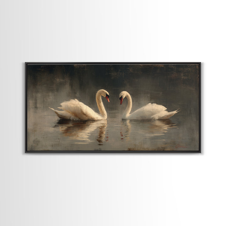 Romantic Swan Pair on Dark Water Framed Canvas Print, Master Bedroom, Bedroom, Bedroom Decor, Watercolor Art, Sanctuary, MAS-2x1-59