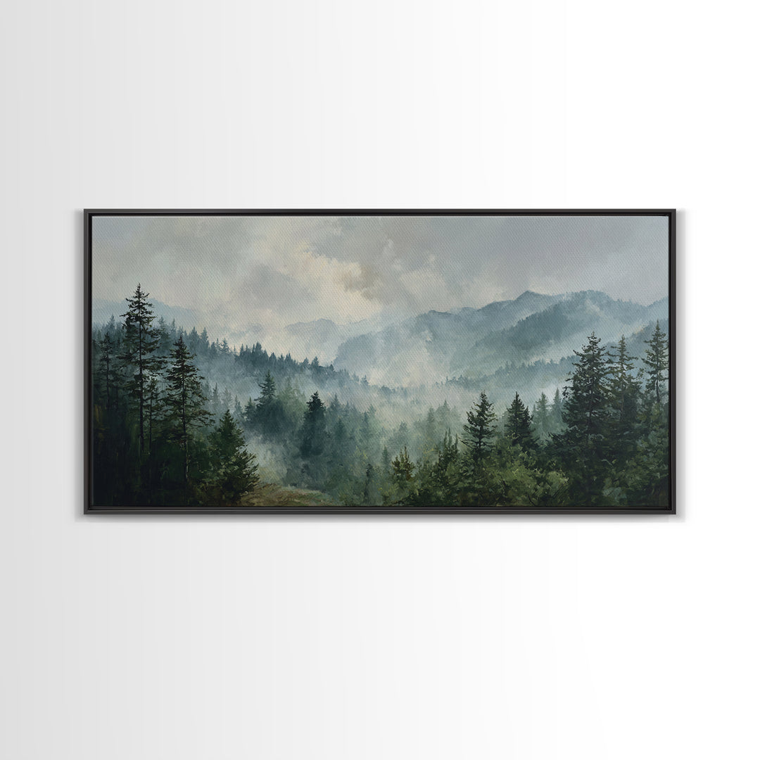 Calm Misty Forest Panorama Framed Canvas Print, Master Bedroom, Printable Art, Bedroom Decor, Sanctuary, Wall Art Bedroom, MAS-2x1-72