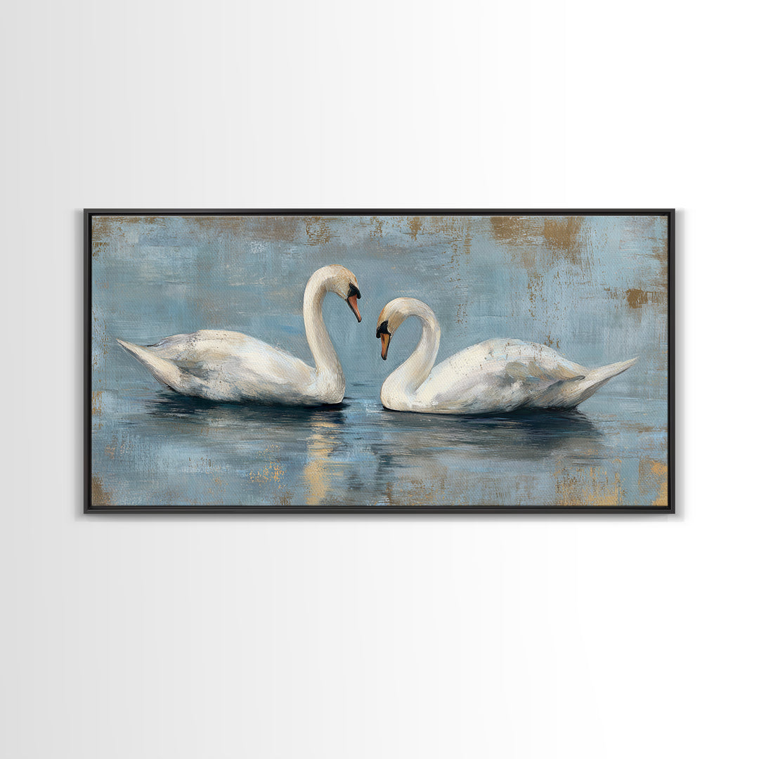 Romantic Swan Pair on Dark Water Framed Canvas Print, Master Bedroom, Art Print, Bedroom Decor, Sanctuary, Above Bed Decor, MAS-2x1-83