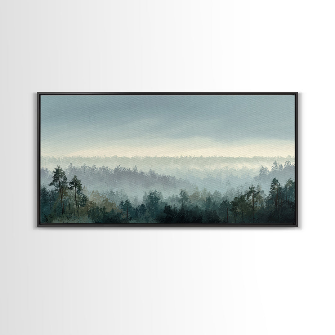 Calm Misty Forest Panorama Framed Canvas Print, Master Bedroom, Wall Decor Bedroom, Bedroom Decor, Fine Art, Sanctuary, MAS-2x1-96