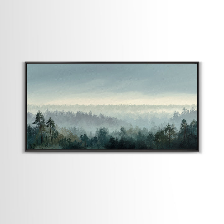 Calm Misty Forest Panorama Framed Canvas Print, Master Bedroom, Wall Decor Bedroom, Bedroom Decor, Fine Art, Sanctuary, MAS-2x1-96