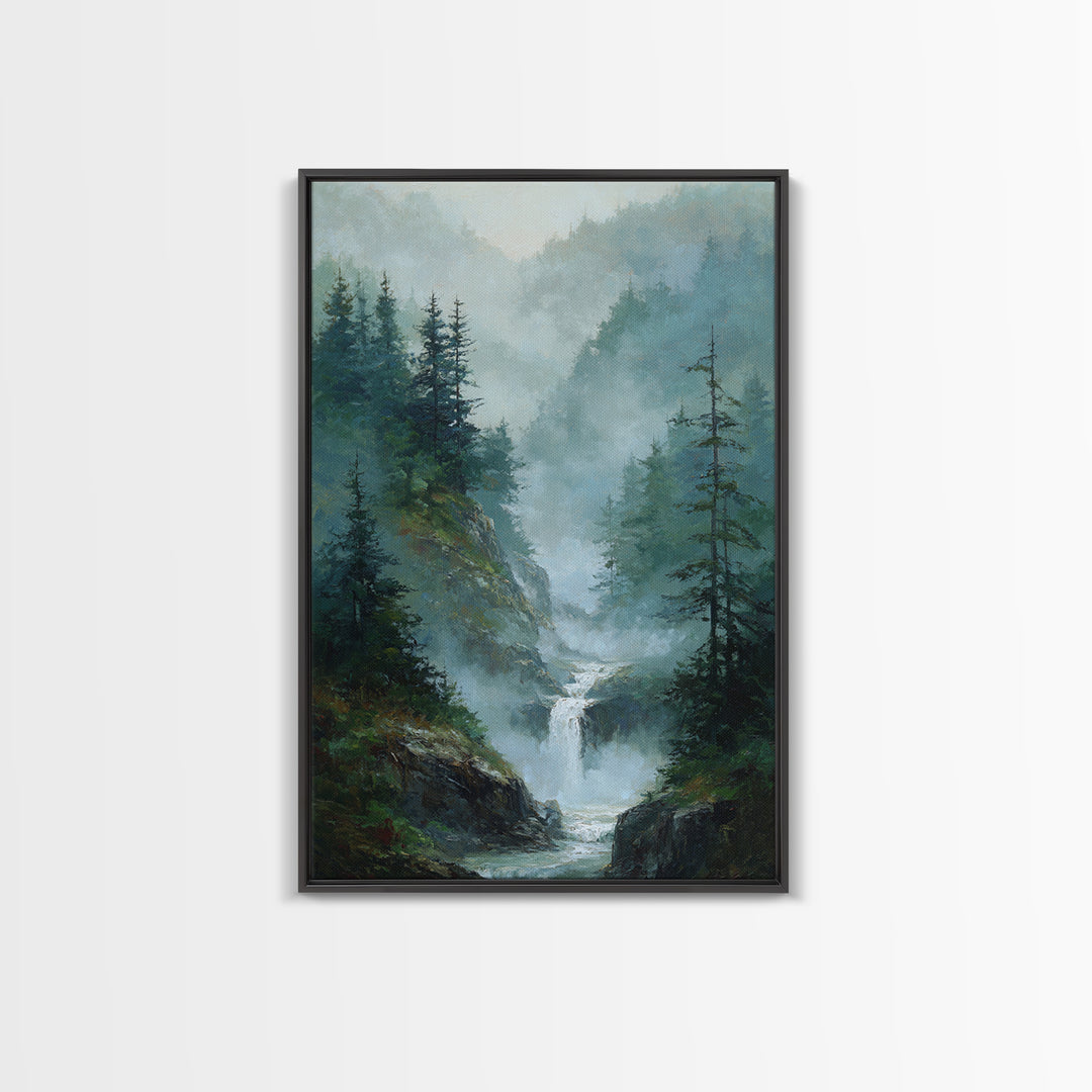 Peaceful Waterfall in Misty Green Forest Framed Canvas Print, Master Bedroom, Room Decor, Bedroom Decor, Fine Art, Sanctuary, MAS-2x3-3