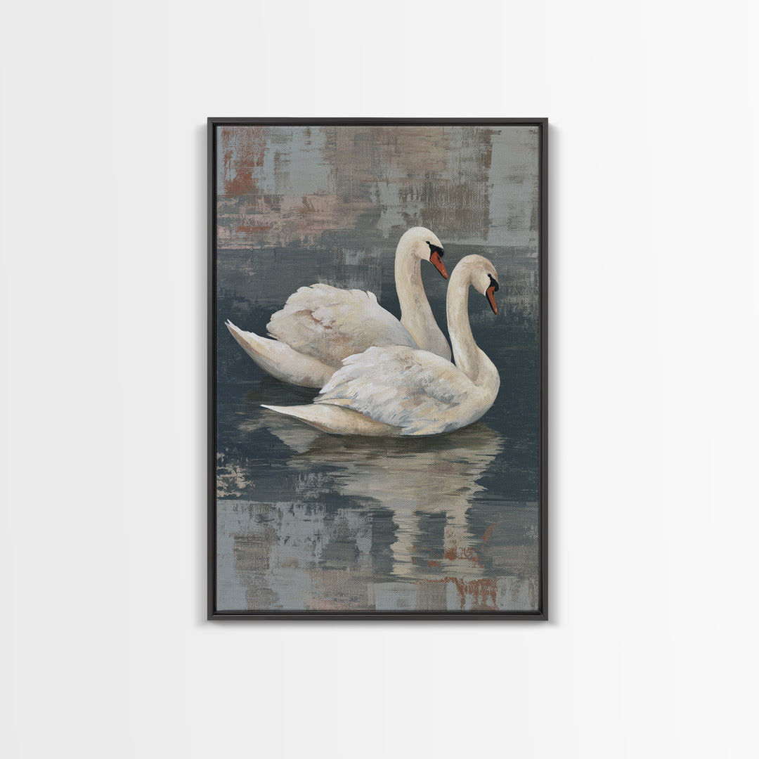 Romantic Swan Pair on Dark Water Framed Canvas Print, Master Bedroom, Canvas Print, Bedroom Decor, Abstract Art, Sanctuary, MAS-2x3-47