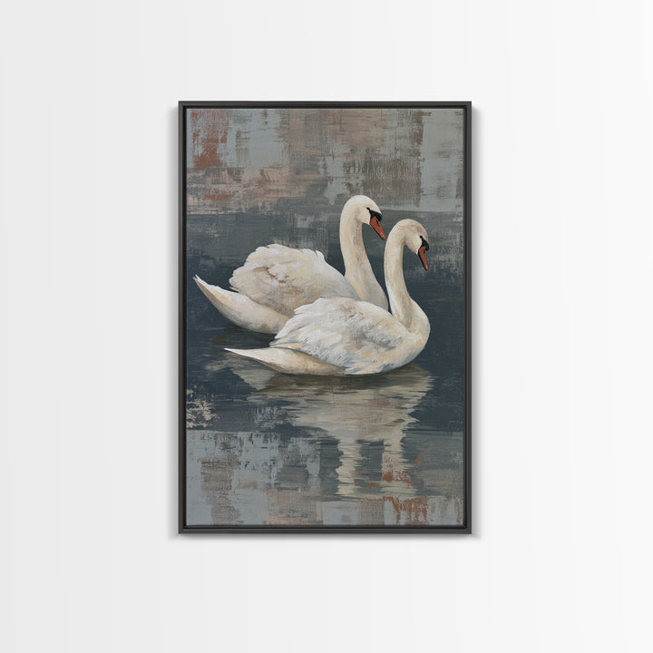 Romantic Swan Pair on Dark Water Framed Canvas Print, Master Bedroom, Canvas Print, Bedroom Decor, Abstract Art, Sanctuary, MAS-2x3-47