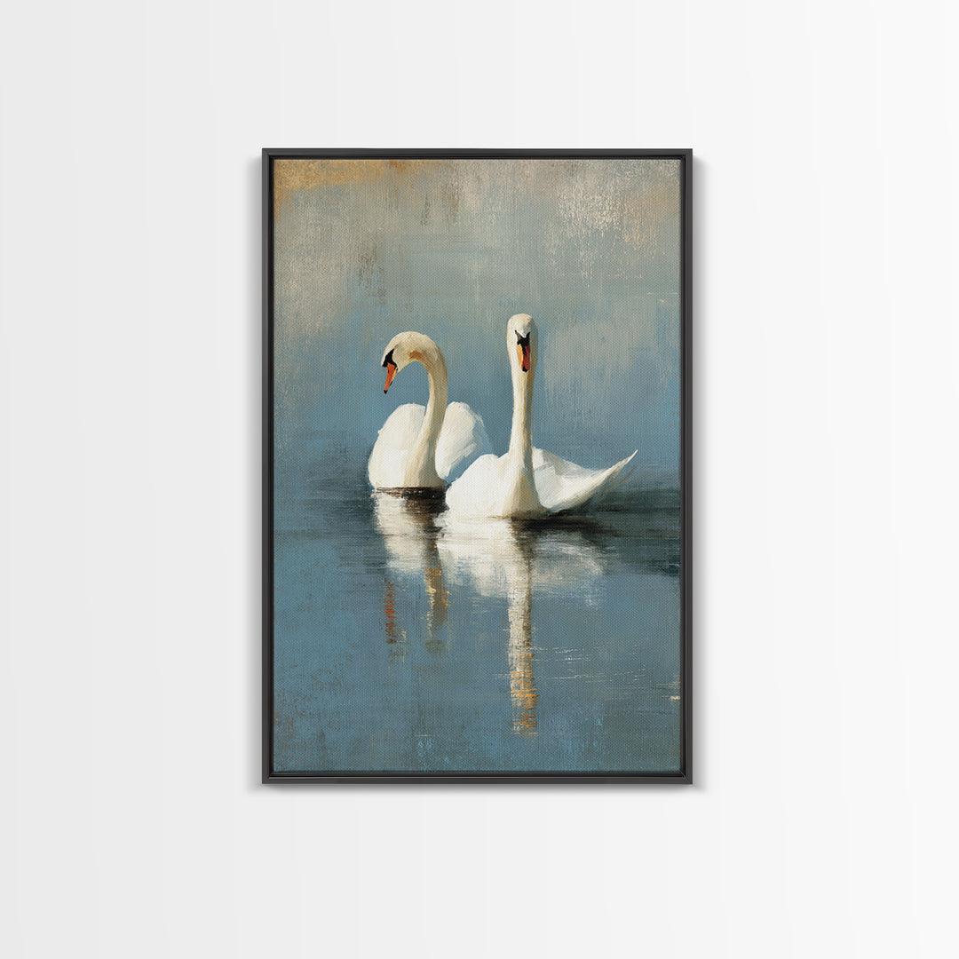 Romantic Swan Pair on Dark Water Canvas Print, Master Bedroom, Farmhouse Wall Art, Bedroom Decor, Fine Art, Sanctuary, MAS-2x3-71