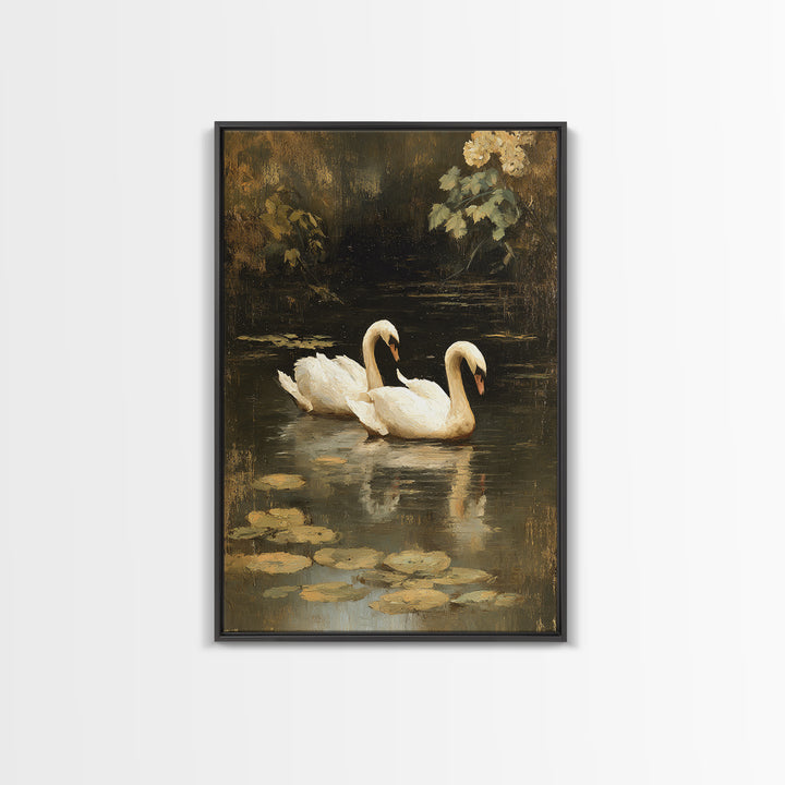 Romantic Swan Pair on Dark Water Canvas Print, Master Bedroom, Over Bed Wall Art, Bedroom Decor, Oil Painting, Sanctuary, MAS-2x3-95