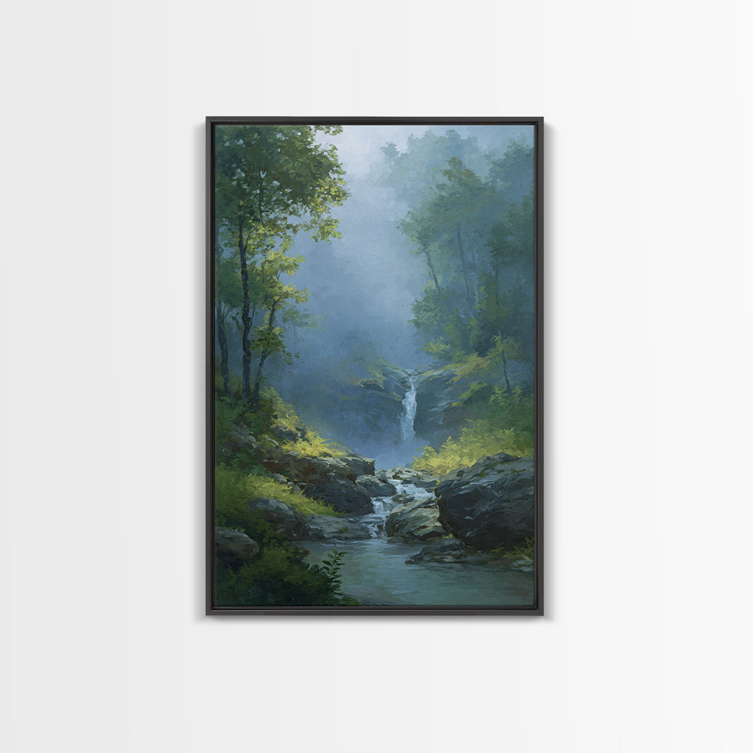 Peaceful Waterfall in Misty Green Forest Canvas Print, Master Bedroom, Above Bed Wall Art, Bedroom Decor, Fine Art, Sanctuary, MAS-2x3-99