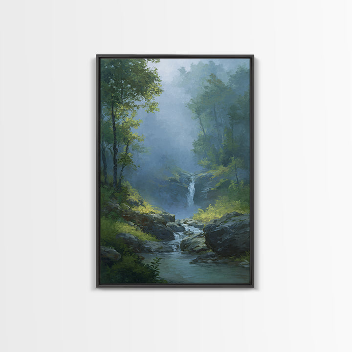 Peaceful Waterfall in Misty Green Forest Canvas Print, Master Bedroom, Above Bed Wall Art, Bedroom Decor, Fine Art, Sanctuary, MAS-2x3-99