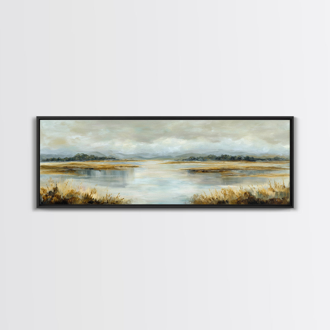 Serene Lake with Pale Morning Reflection Framed Canvas Print, Master Bedroom, Room Decor, Bedroom Decor, Fine Art, Sanctuary, MAS-3x1-23