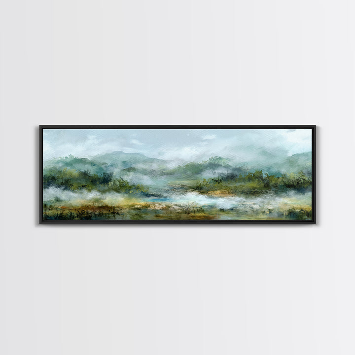 Peaceful Waterfall in Misty Green Forest Canvas Print, Master Bedroom, Minimalist Decor, Bedroom Decor, Oil Painting, Sanctuary, MAS-3x1-35