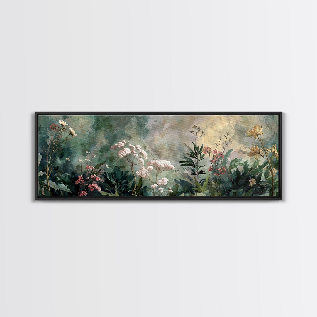 Dreamy Celestial Moon and Botanical Composition Framed Canvas Print, Master Bedroom, Bedroom Decor, Oil Painting, Sanctuary, MAS-3x1-51