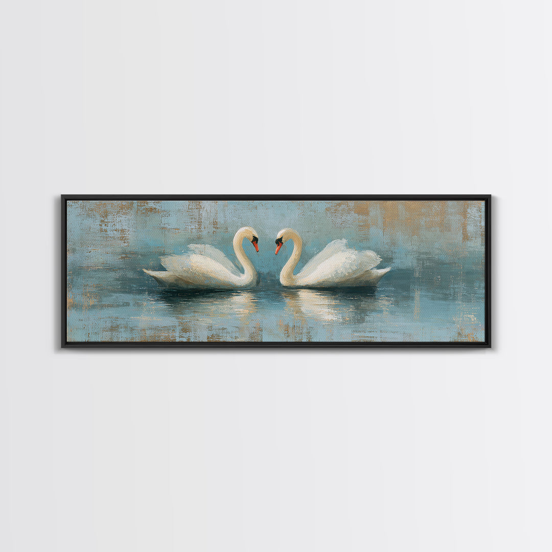 Romantic Swan Pair on Dark Water Framed Canvas Print, Master Bedroom, Art Print, Bedroom Decor, Sanctuary, Above Bed Decor, MAS-3x1-55