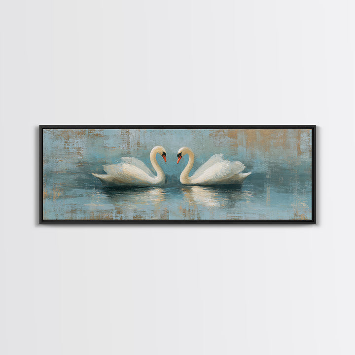 Romantic Swan Pair on Dark Water Framed Canvas Print, Master Bedroom, Art Print, Bedroom Decor, Sanctuary, Above Bed Decor, MAS-3x1-55