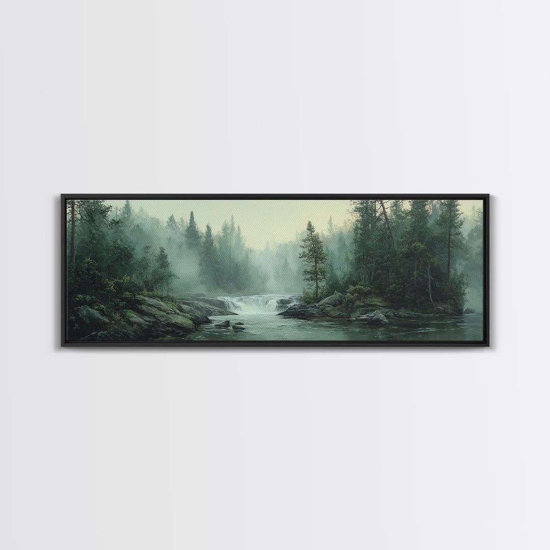 Peaceful Waterfall in Misty Green Forest Framed Canvas Print, Master Bedroom, Printable Wall Art, Bedroom Decor, Sanctuary, MAS-3x1-59