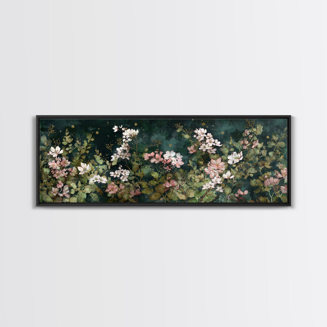 Night Garden with Pale Flowers and Stars Framed Canvas Print, Master Bedroom, Bedroom Decor, Watercolor Art, Sanctuary, MAS-3x1-63