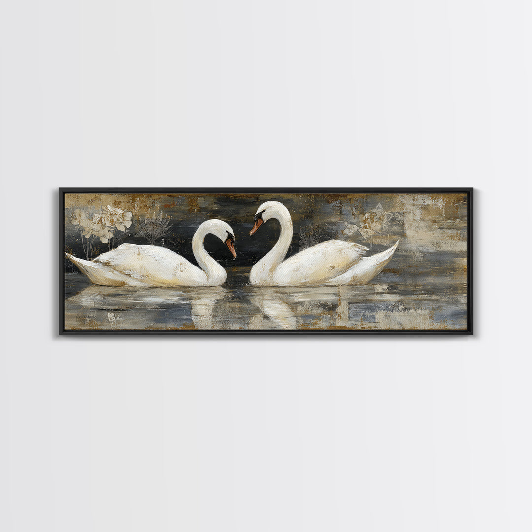 Romantic Swan Pair on Dark Water Framed Canvas Print, Master Bedroom, Statement Artwork, Bedroom Decor, Fine Art, Sanctuary, MAS-3x1-7