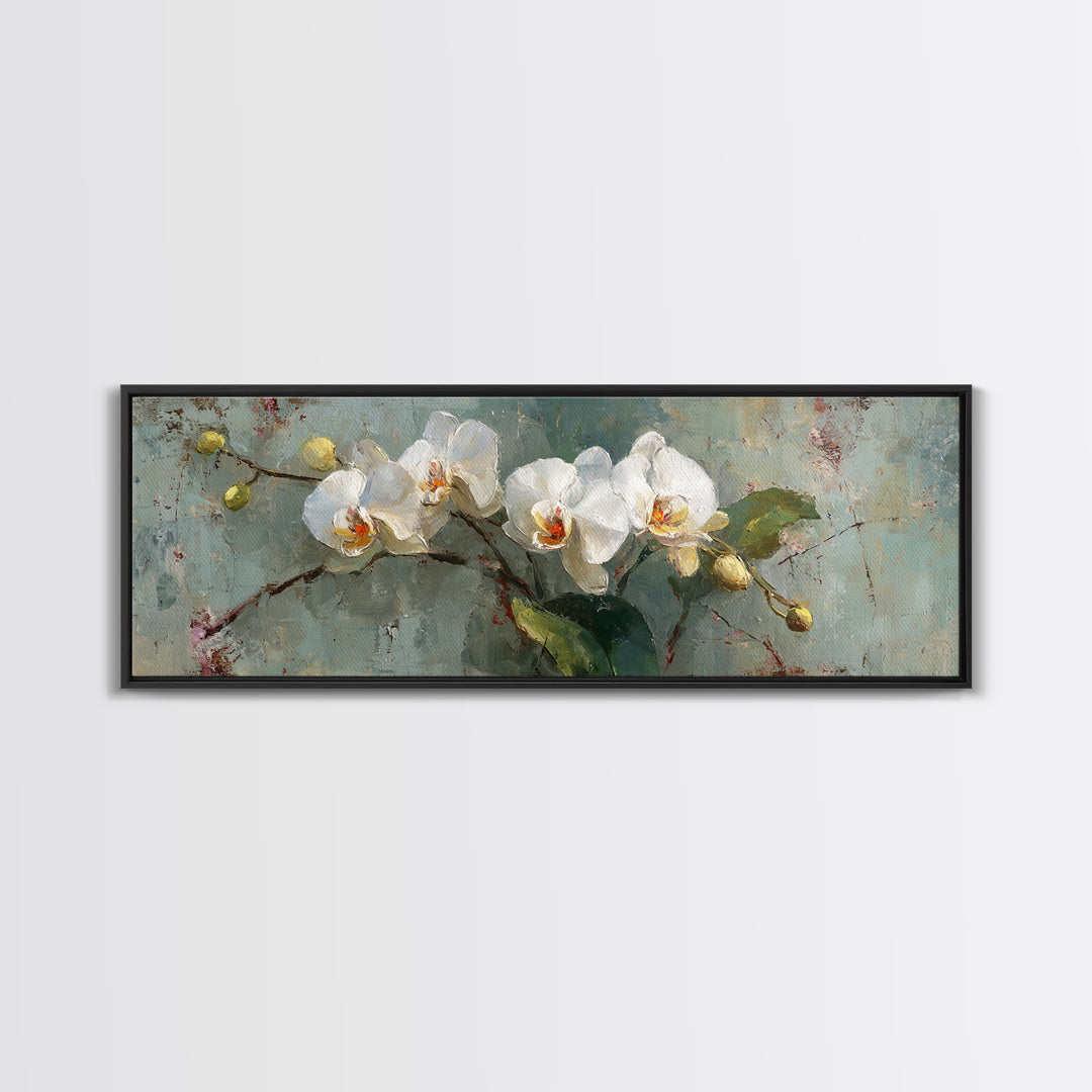 White Orchids Against Warm Gray Background Framed Canvas Print, Master Bedroom, Neutral Decor, Bedroom Decor, Sanctuary, MAS-3x1-73