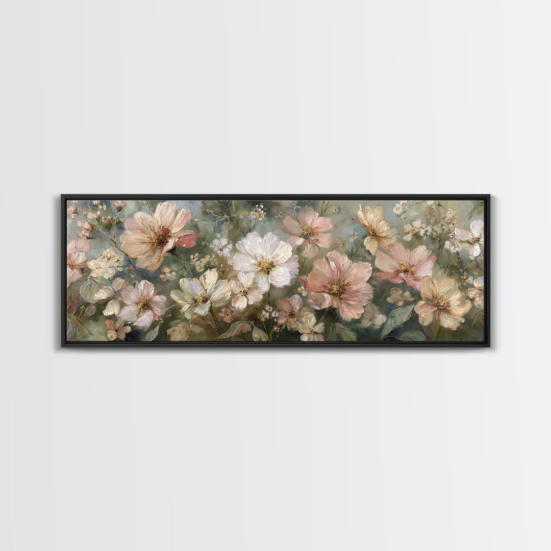 Night Garden with Pale Flowers and Stars Framed Canvas Print, Master Bedroom, Farmhouse Decor, Bedroom Decor, Sanctuary, MAS-3x1-87