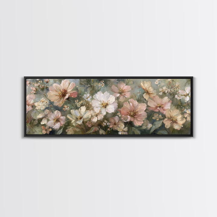 Night Garden with Pale Flowers and Stars Framed Canvas Print, Master Bedroom, Farmhouse Decor, Bedroom Decor, Sanctuary, MAS-3x1-87