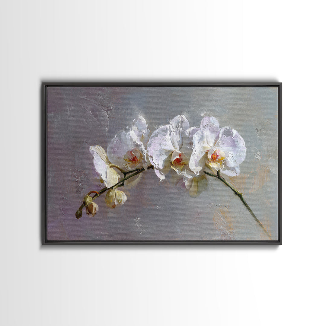 White Orchids Against Warm Gray Background Canvas Print, Master Bedroom, Over Bed Wall Art, Bedroom Decor, Oil Painting, MAS-3x2-37