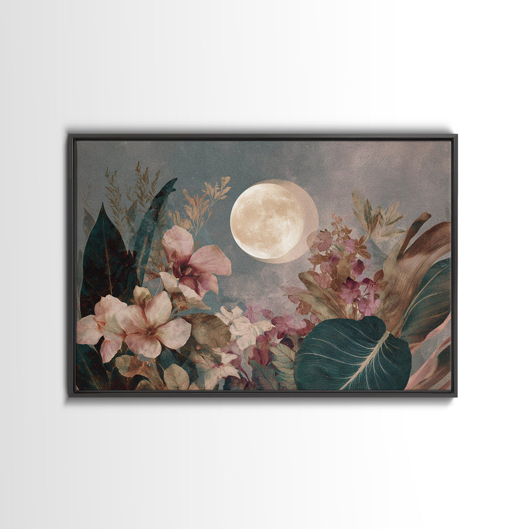 Dreamy Celestial Moon and Botanical Composition Canvas Print, Master Bedroom, Contemporary Art, Bedroom Decor, Sanctuary, MAS-3x2-39
