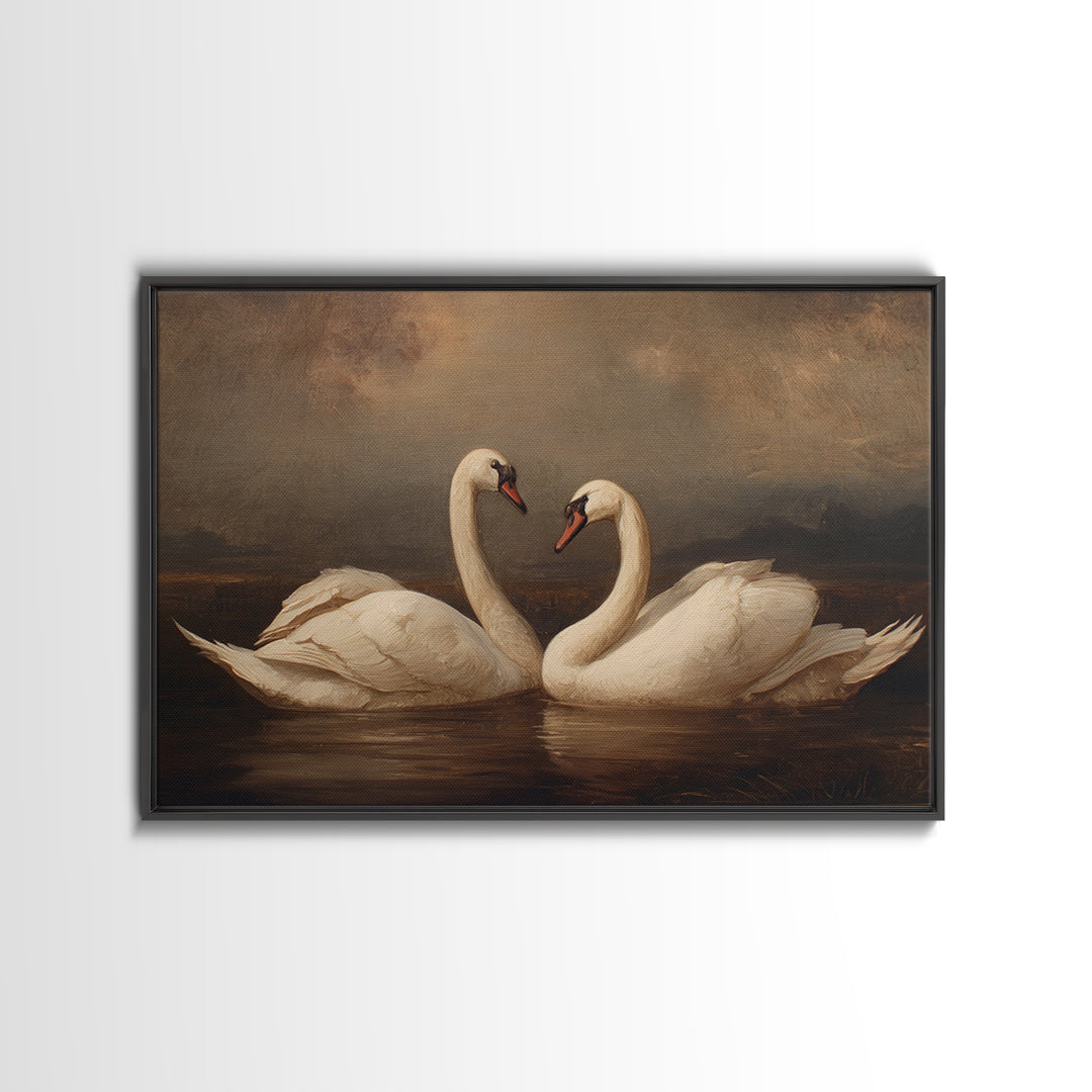 Romantic Swan Pair on Dark Water Framed Canvas Print, Master Bedroom, Farmhouse Wall Decor, Bedroom Decor, Oil Painting, MAS-3x2-91