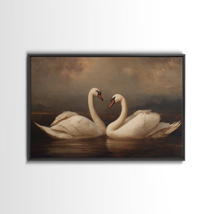 Romantic Swan Pair on Dark Water Framed Canvas Print, Master Bedroom, Farmhouse Wall Decor, Bedroom Decor, Oil Painting, MAS-3x2-91