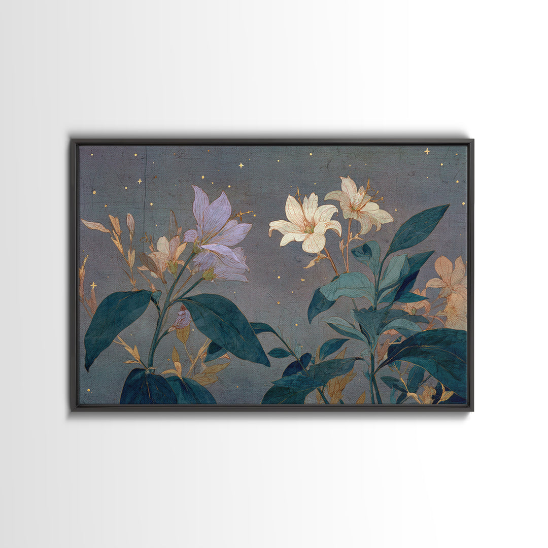 Night Garden with Pale Flowers and Stars Framed Canvas Print, Master Bedroom, Farmhouse Decor, Bedroom Decor, Sanctuary, MAS-3x2-99