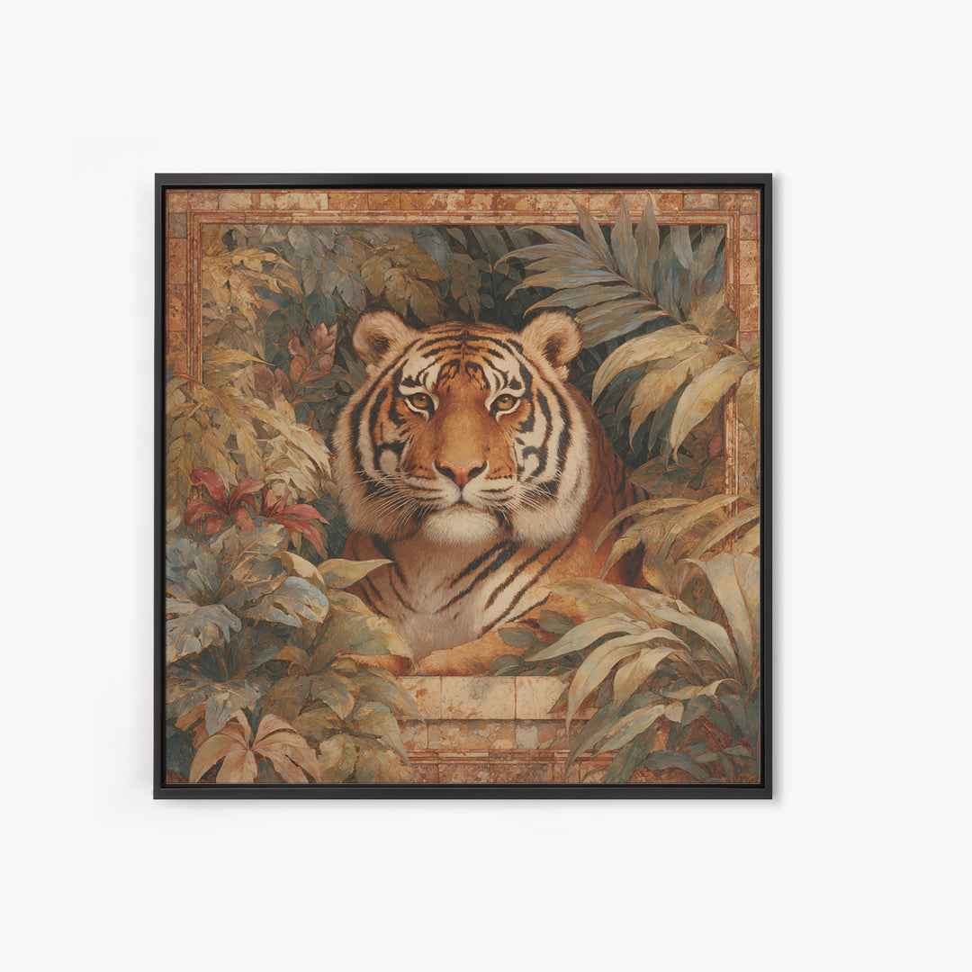Bold Patterned Tiger Surrounded by Tropical Leaves Canvas Print, Maximalist Art, Moody Wall Art, Living Room Decor, Maximal, MAX-1x1-26