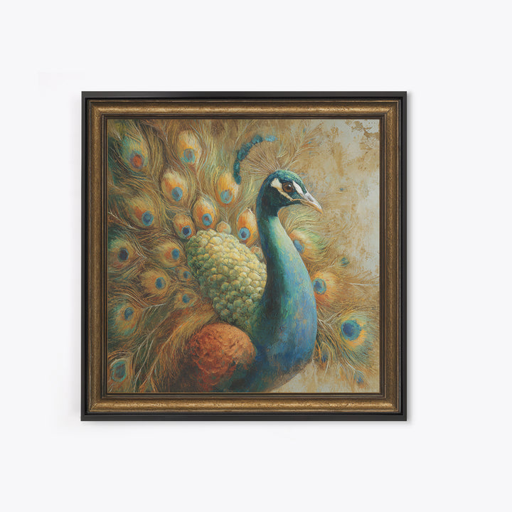 Dramatic Peacock with Oversized Feather Pattern Framed Canvas Print, Maximalist Art, Gallery Decor, Living Room Decor, Maximal, MAX-1x1-32