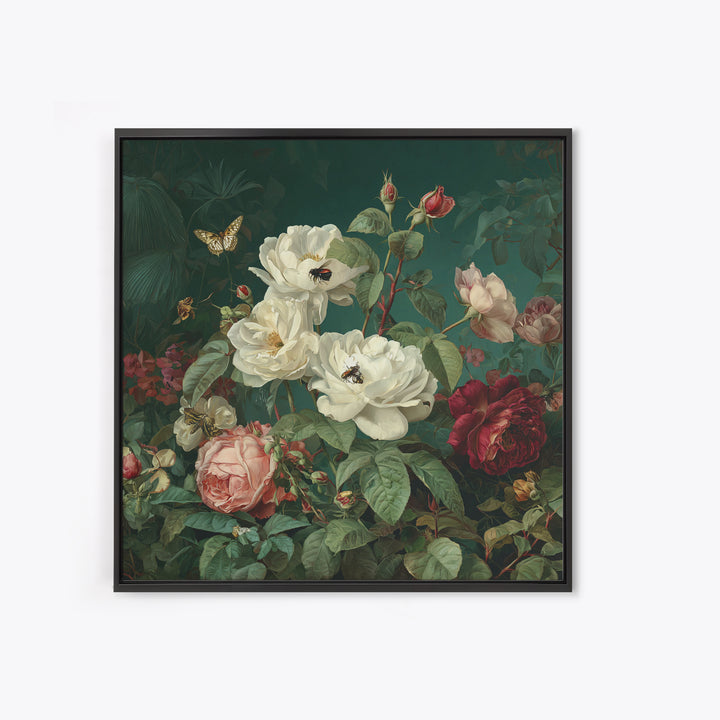 Lush Garden Wall of Roses Palms and Framed Canvas Print, Maximalist Art, Gallery Decor, Living Room Decor, Fine Art, Maximal, MAX-1x1-38