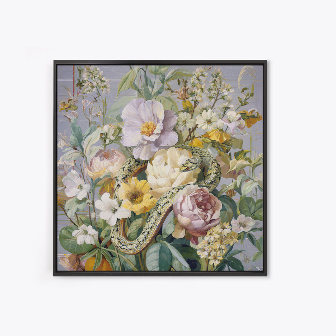 Highly Patterned Snake and Flower Composition Framed Canvas Print, Maximalist Art, Boho Decor, Living Room Decor, Maximal, MAX-1x1-61