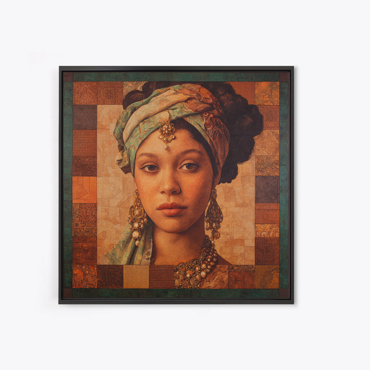 Ornate Portrait with Layered Textiles and Jewels Canvas Print, Maximalist Art, Retro Wall Art, Living Room Decor, Oil Painting, MAX-1x1-76